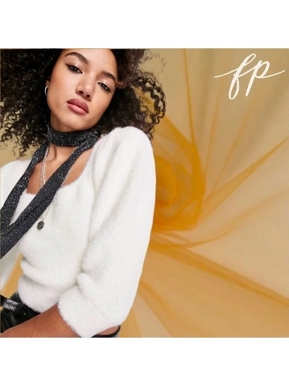FREE PEOPLE NWT Moonbeam Fuzzy 3/4 Puff Sleeve Cropped Scoop Neck Sweater/Lg